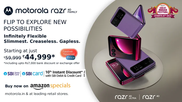 Amazon Great Indian Festival: Motorola Announces Limited Festive Period Discounts on Its razr series Flip Phones, with motorola razr 40 Now Available at a Discounted Early Access Deal of Rs 44,999 <br>