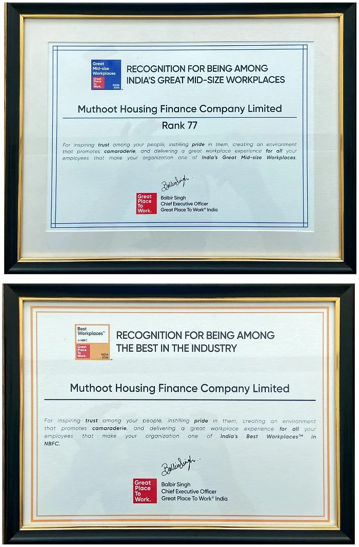 Muthoot Housing Finance Company Limited Receives Great Place To Work Certification Second Time in a Row<br>