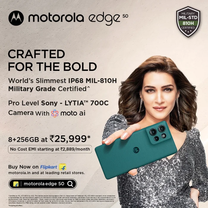 motorola edge 50 – the World’s Slimmest IP68 Rated and MIL-STD-810H Military Grade Certified Durable Smartphone Featuring Advanced Sony - LYTIA™ 700C Camera with moto ai, Super HD 1.5K Curved Display, Wireless Charging and More Goes on Sale at an Effective Price of Just 25,999*<br>