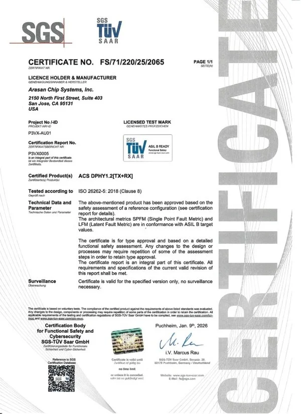 Arasan's ultra low power MIPI D-PHY IP achieves ISO26262 Certification