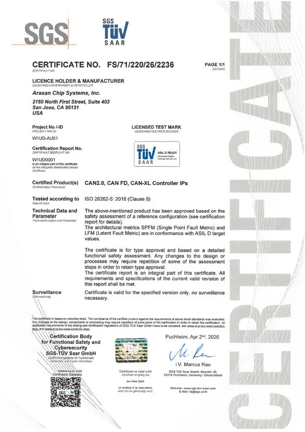 Arasan acheives the Industrys First ASIL-D Certification for its CAN XL IP Core