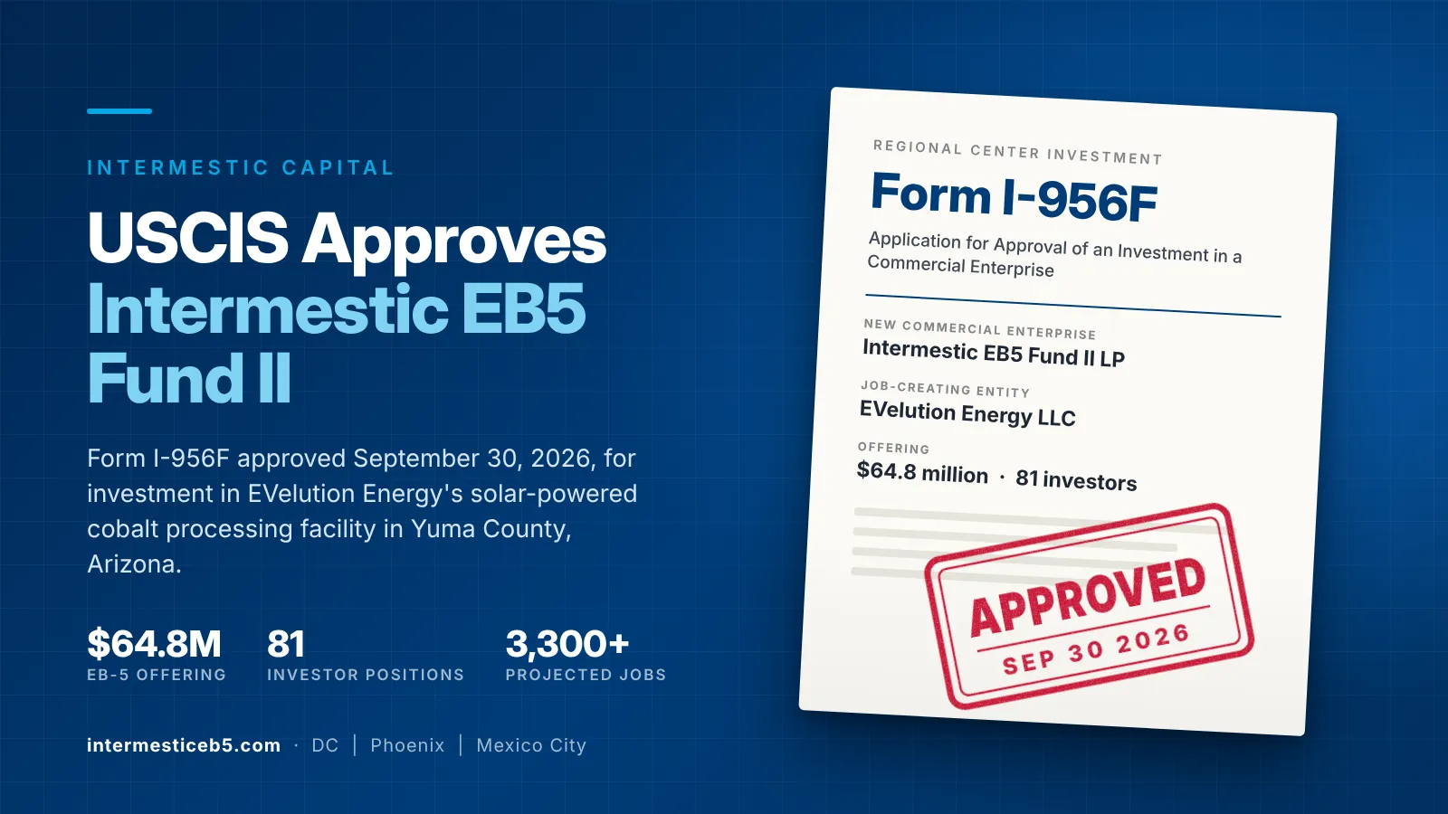 Intermestic EB5 Fund II Wins USCIS Approval for Cobalt Processing Facility to Secure America's Defense Supply Chain